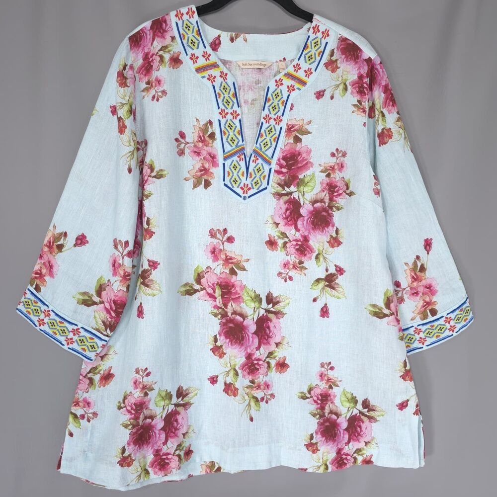 SOFT SURROUNDINGS Women's Tunic Top LARGE Floral 100% LINEN Embroidered 2FQ82